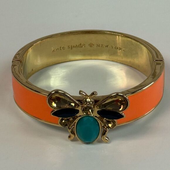 RARE Kate Spade Unwanted Visitor Bee Orange Gold Hinged Enamel Crystal Bracelet - Picture 4 of 7